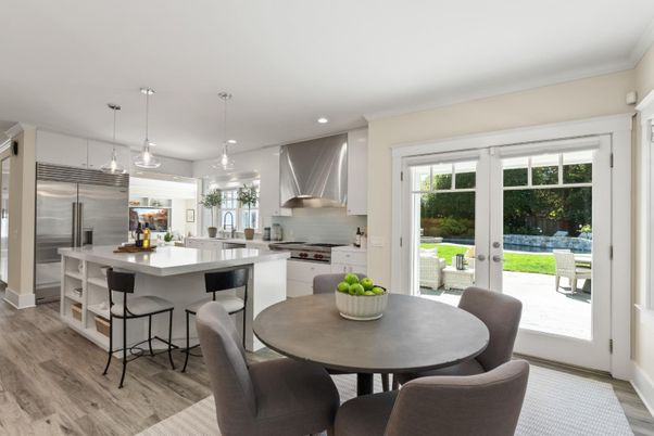 Dining room, Interior, Kitchen, Pendant Lights, Recessed Lighting, Stainless Steel Appliances, Wood Texture Flooring