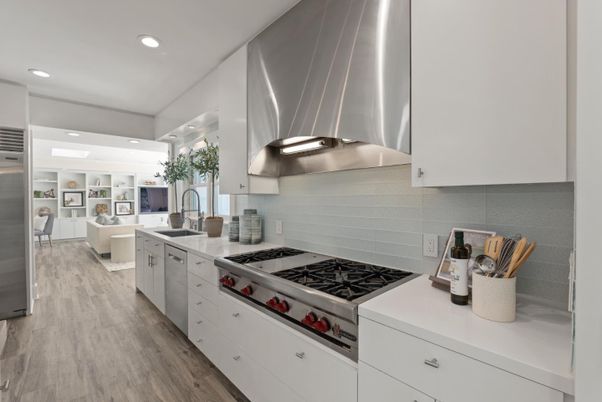 Interior, Kitchen, Living room, Recessed Lighting, Stainless Steel Appliances, Wood Texture Flooring