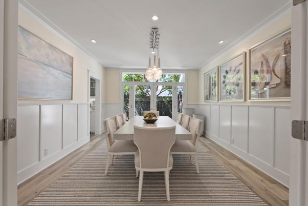 Dining room, Interior, Pendant Lights, Recessed Lighting, Wood Texture Flooring