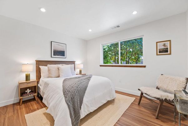 Bedroom, Interior, Recessed Lighting, Wood Texture Flooring