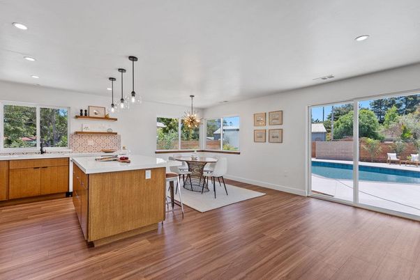 Dining room, Interior, Kitchen, Pendant Lights, Recessed Lighting, Wood Texture Flooring