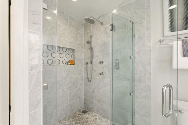 Bathroom, Glass Shower, Interior, Marble Walls, Recessed Lighting