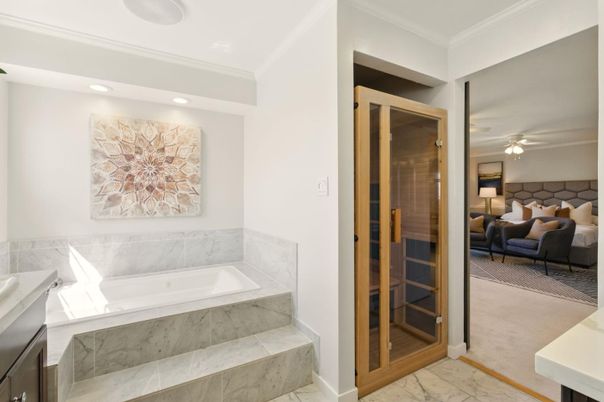 Bathroom, Bedroom, Glass Shower, Interior, Marble, Recessed Lighting
