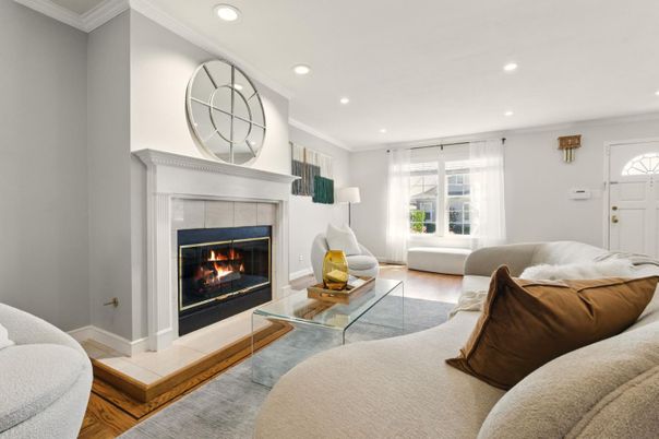 Fireplace, Interior, Living room, Recessed Lighting, Wood Texture Flooring