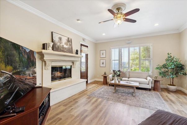 Fireplace, Interior, Living room, Recessed Lighting, Wood Texture Flooring