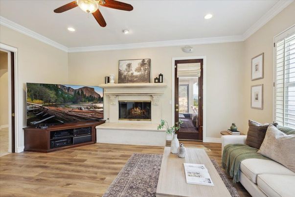 Fireplace, Interior, Recessed Lighting, Wood Texture Flooring