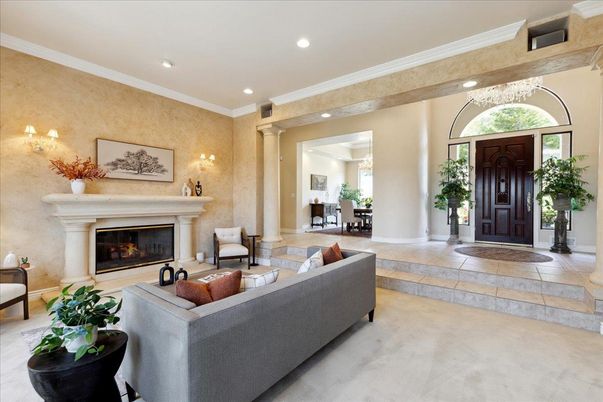 Dining room, Fireplace, Interior, Living room, Recessed Lighting