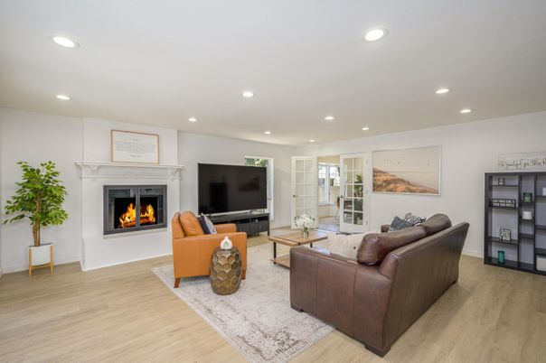 Fireplace, Interior, Living room, Recessed Lighting, Wood Texture Flooring