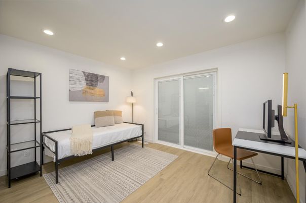 Bedroom, Home Office, Interior, Recessed Lighting, Wood Texture Flooring