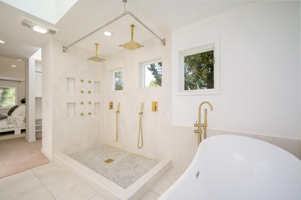 Bathroom, Free Standing Baths, Interior, Marble Walls, Recessed Lighting