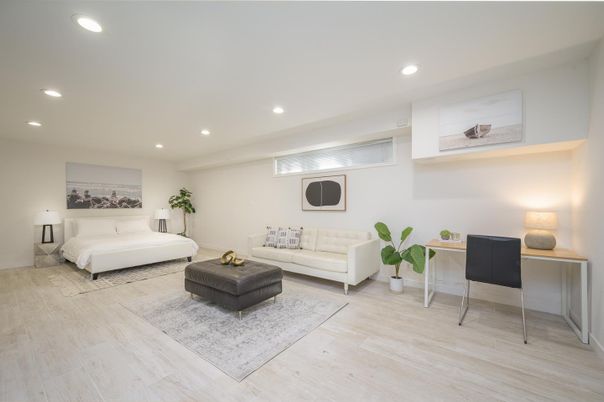 Bedroom, Interior, Recessed Lighting, Wood Texture Flooring