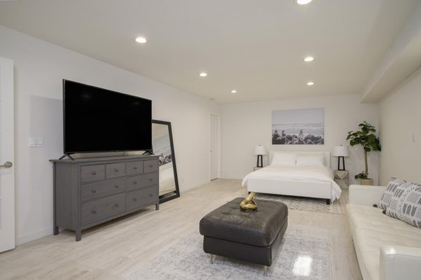 Bedroom, Interior, Recessed Lighting, Wood Texture Flooring