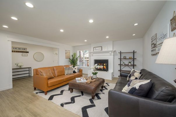 Fireplace, Interior, Living room, Recessed Lighting, Wood Texture Flooring