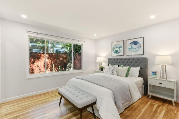 Bedroom, Interior, Recessed Lighting, Wood Texture Flooring