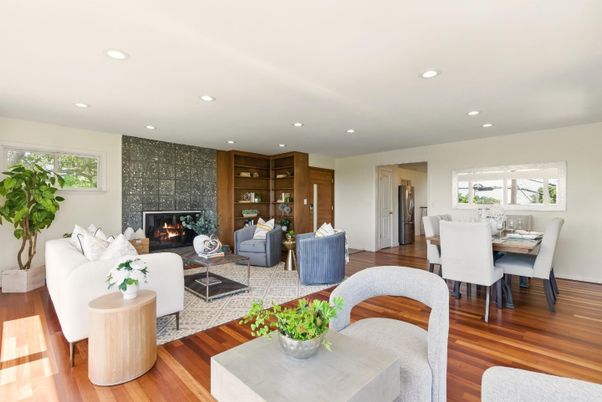 Dining room, Fireplace, Interior, Living room, Recessed Lighting, Wood Texture Flooring