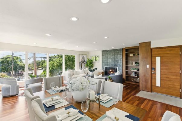 Fireplace, Interior, Living room, Recessed Lighting, Wood Texture Flooring