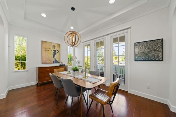Dining room, Interior, Pendant Lights, Recessed Lighting, Wood Texture Flooring