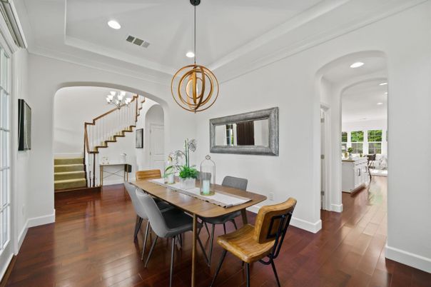 Dining room, Interior, Pendant Lights, Recessed Lighting, Wood Texture Flooring