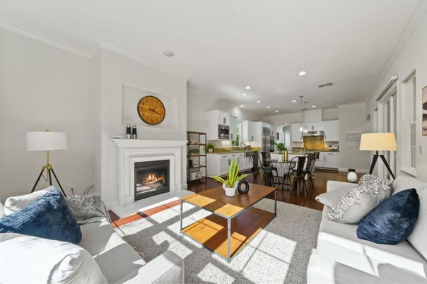 Dining room, Fireplace, Interior, Kitchen, Living room, Pendant Lights, Recessed Lighting, Stainless Steel Appliances, Wood Texture Flooring