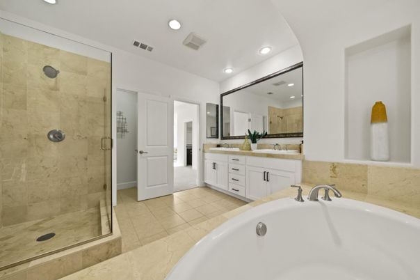 Bathroom, Dual Sink Vanities, Glass Shower, Interior, Recessed Lighting