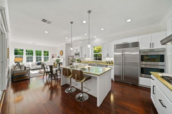 Dining room, Interior, Kitchen, Living room, Pendant Lights, Recessed Lighting, Stainless Steel Appliances, Wood Texture Flooring