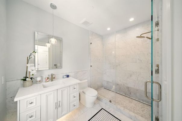 Bathroom, Glass Shower, Interior, Marble, Marble Walls, Pendant Lights, Recessed Lighting