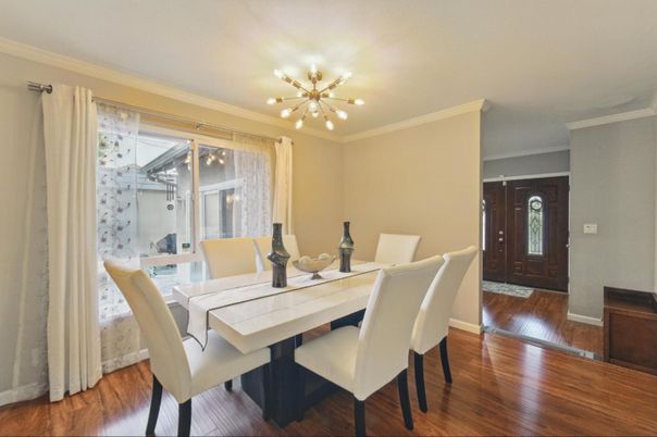 Dining room, Interior, Pendant Lights, Wood Texture Flooring