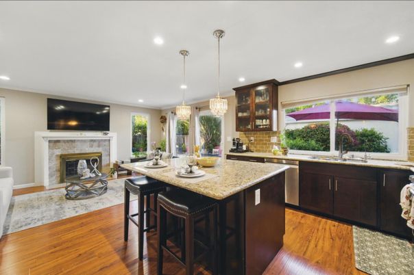 Fireplace, Interior, Kitchen, Pendant Lights, Recessed Lighting, Wood Texture Flooring
