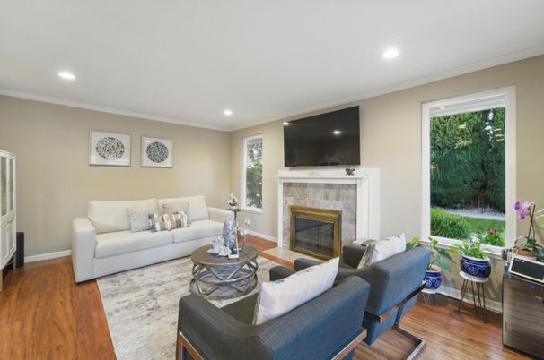 Fireplace, Interior, Living room, Recessed Lighting, Wood Texture Flooring