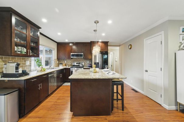 Interior, Kitchen, Pendant Lights, Recessed Lighting, Stainless Steel Appliances, Wood Texture Flooring