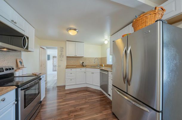 Interior, Kitchen, Stainless Steel Appliances, Wood Texture Flooring
