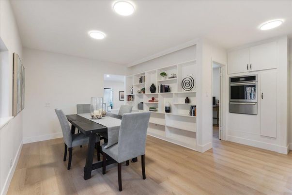 Dining room, Interior, Kitchen, Recessed Lighting, Stainless Steel Appliances, Wood Texture Flooring