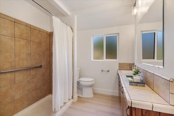 Bathroom, Interior, Tile Countertops, Wood Texture Flooring