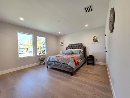 Bedroom, Interior, Recessed Lighting, Wood Texture Flooring