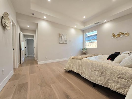 Bedroom, Interior, Recessed Lighting, Wood Texture Flooring