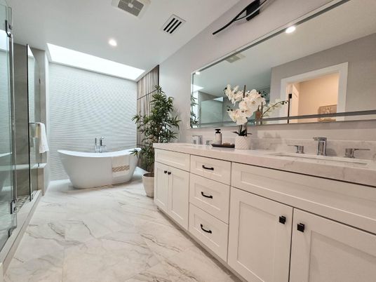 Bathroom, Dual Sink Vanities, Free Standing Baths, Glass Shower, Interior, Marble, Recessed Lighting