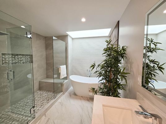 Bathroom, Free Standing Baths, Glass Shower, Interior, Marble, Recessed Lighting