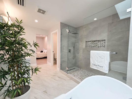 Bathroom, Glass Shower, Interior, Marble, Recessed Lighting