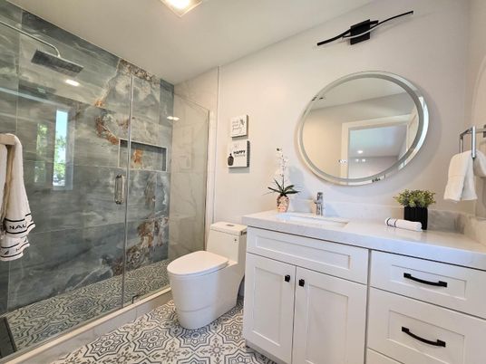 Bathroom, Glass Shower, Interior, Recessed Lighting