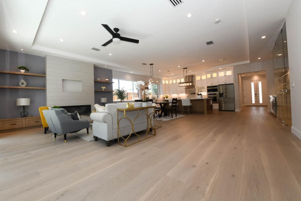 Fireplace, Interior, Kitchen, Living room, Pendant Lights, Recessed Lighting, Stainless Steel Appliances, Wood Texture Flooring