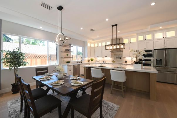 Dining room, Interior, Kitchen, Pendant Lights, Recessed Lighting, Stainless Steel Appliances, Wood Texture Flooring