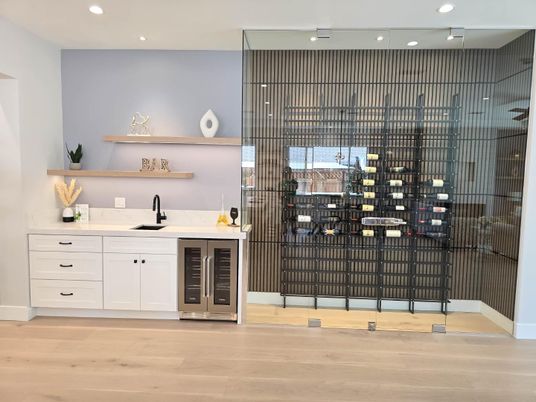 Interior, Kitchen, Recessed Lighting, Wine Storage, Wood Texture Flooring