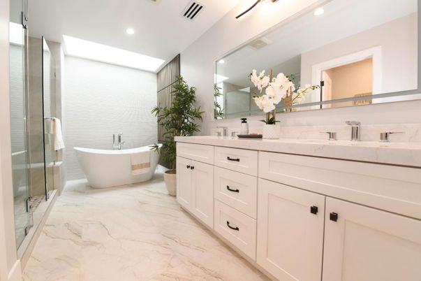 Bathroom, Dual Sink Vanities, Free Standing Baths, Glass Shower, Interior, Marble, Recessed Lighting