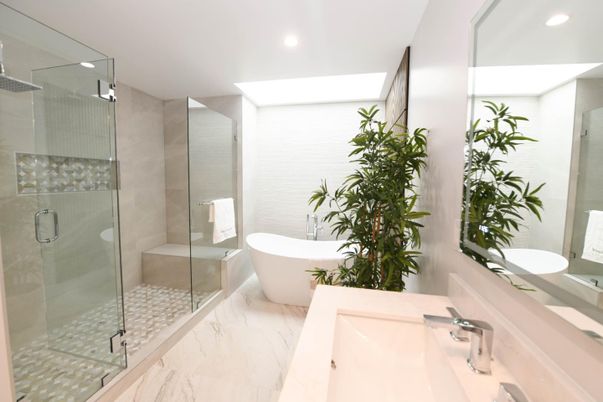 Bathroom, Dual Sink Vanities, Free Standing Baths, Glass Shower, Interior, Marble, Recessed Lighting