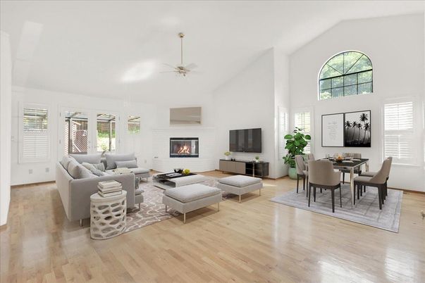 Dining room, Fireplace, Interior, Living room, Wood Texture Flooring
