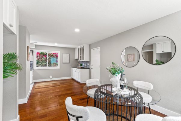 Dining room, Interior, Recessed Lighting, Wood Texture Flooring
