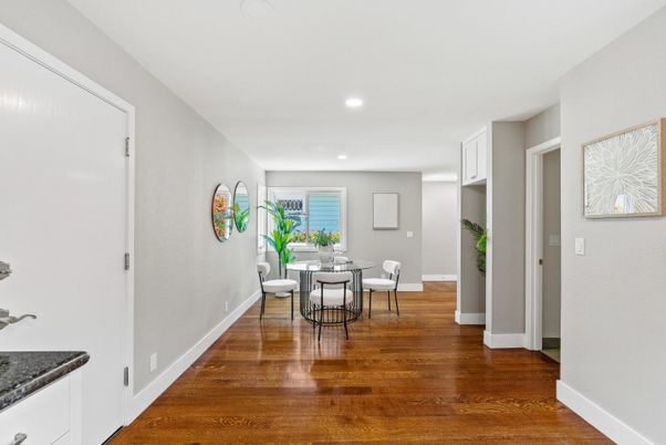 Dining room, Interior, Recessed Lighting, Wood Texture Flooring