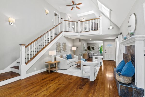 Fireplace, Interior, Living room, Recessed Lighting, Wood Texture Flooring
