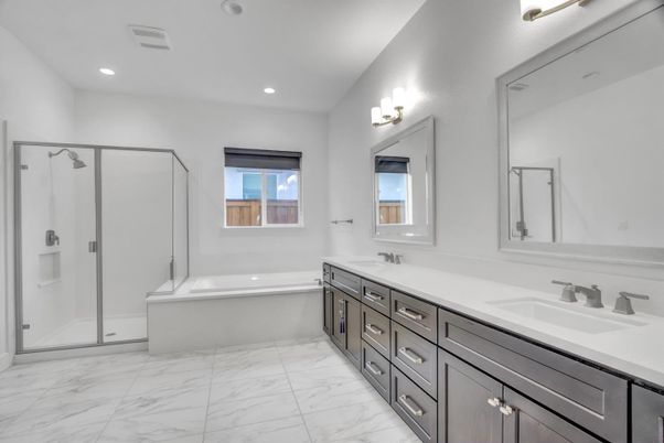 Bathroom, Dual Sink Vanities, Glass Shower, Interior, Marble, Recessed Lighting