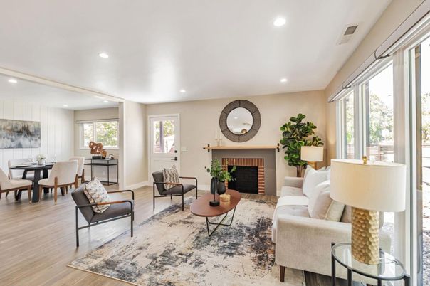 Dining room, Fireplace, Interior, Living room, Recessed Lighting, Wood Texture Flooring